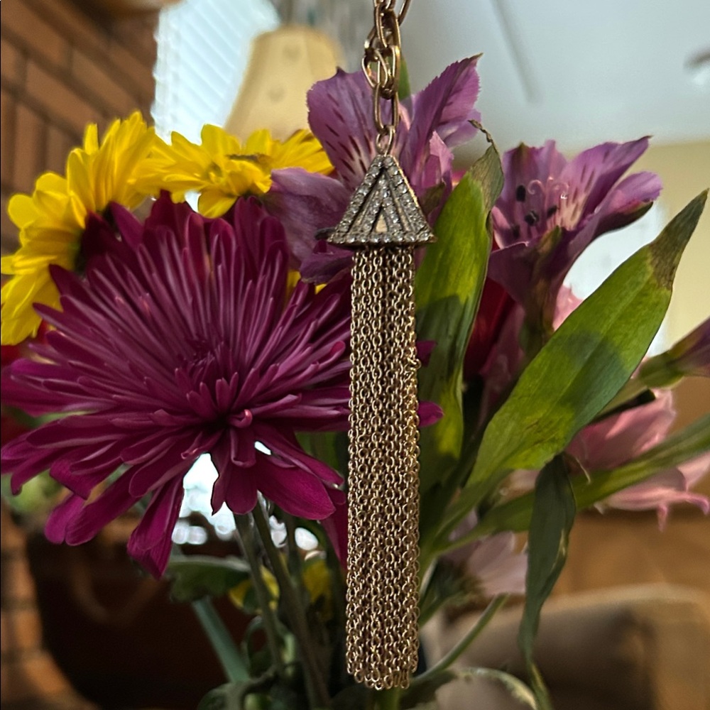 Vintage Tassel Necklace with Triangular Pyramid Pendant and Crystal Accents